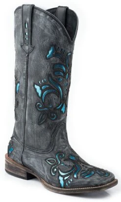 Roper Women's Shiny Turquoise Inlay Western Boots - Broad Square Toe